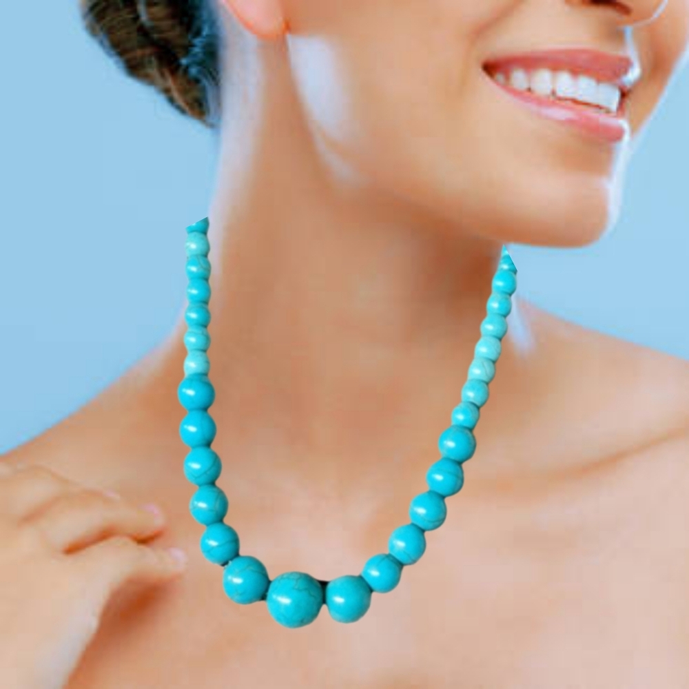 Vivid Blue Simulated Turquoise Beaded Necklace w/ Silver Lobster Clasp | NWOT